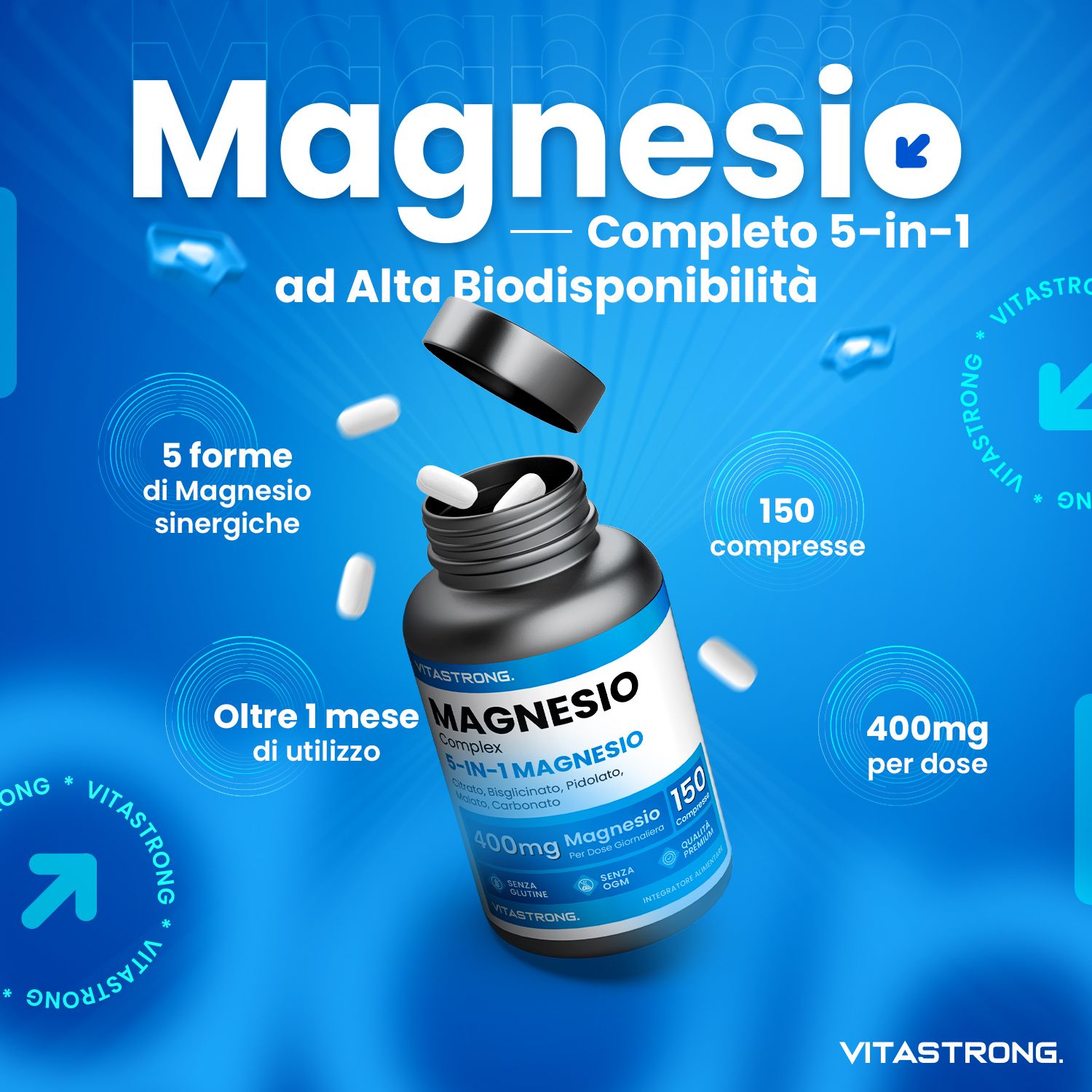 Vitastrong Magnesio 5-in-1 & Collagene + Acido Ialuronico – Pelle e benessere