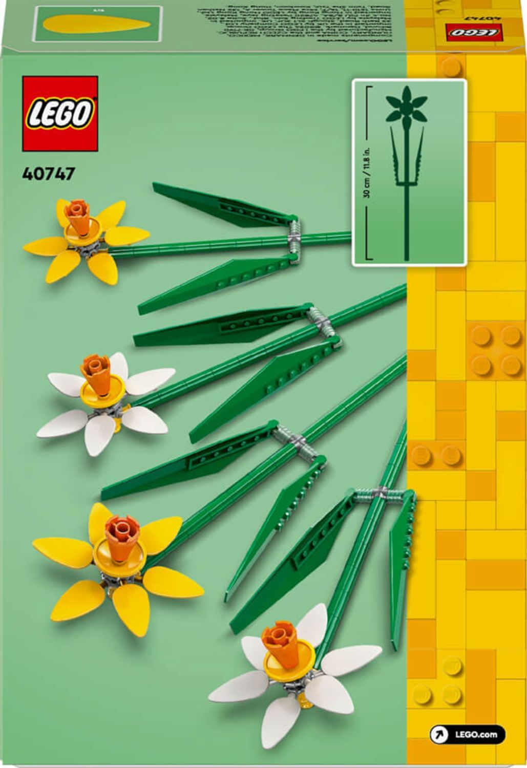 Retro della confezione LEGO con set di narcisi. Illustrazione dei fiori e logo LEGO.