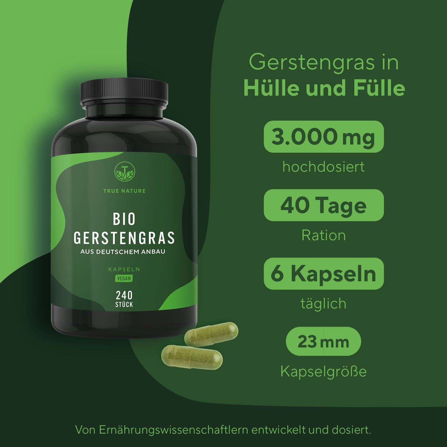 Flacone del prodotto con capsule accanto. Testo: 3.000 mg ad alta dose, razione 40 giorni, 6 capsule al giorno, dimensione capsula 23 mm.