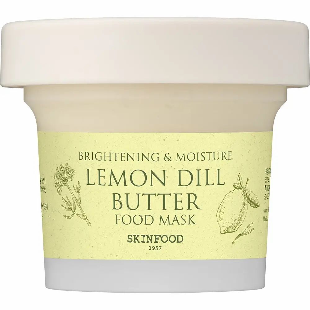 Contenitore di maschera alimentare al burro di limone e aneto. Scritta: Brightening & Moisture, Lemon Dill Butter Food Mask, SKINFOOD 1957.