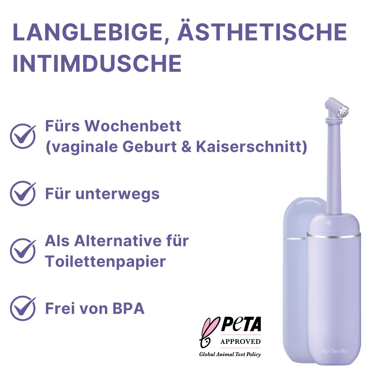 Doccia intima viola. Sigillo PETA. Testo: Doccia intima durevole ed estetica. Per il post-partum, in viaggio, alternativa alla carta igienica, senza BPA.