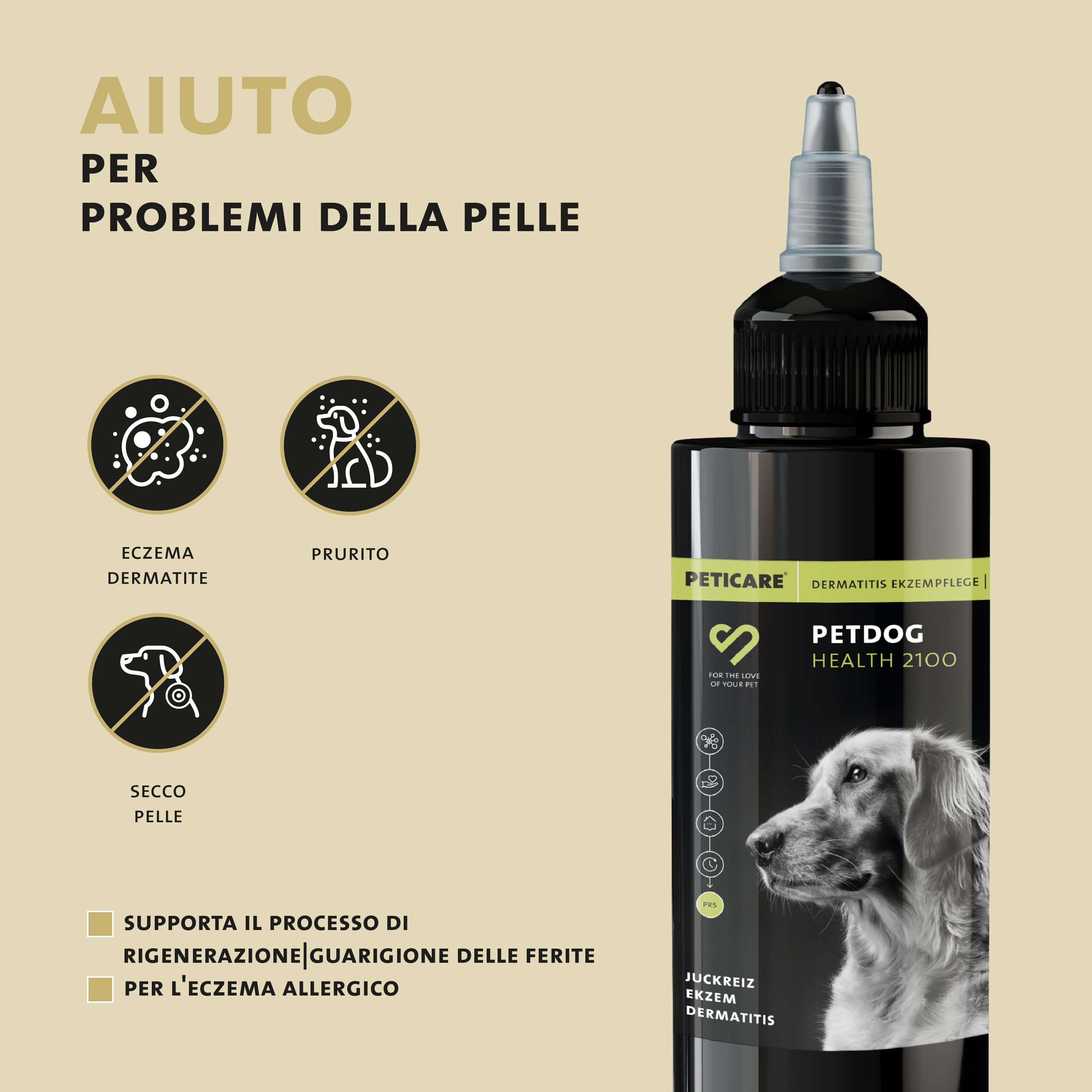 Flacone nero con applicatore. Testo: Peticare, Petdog Health 2100. Aiuto per problemi della pelle. Icone.