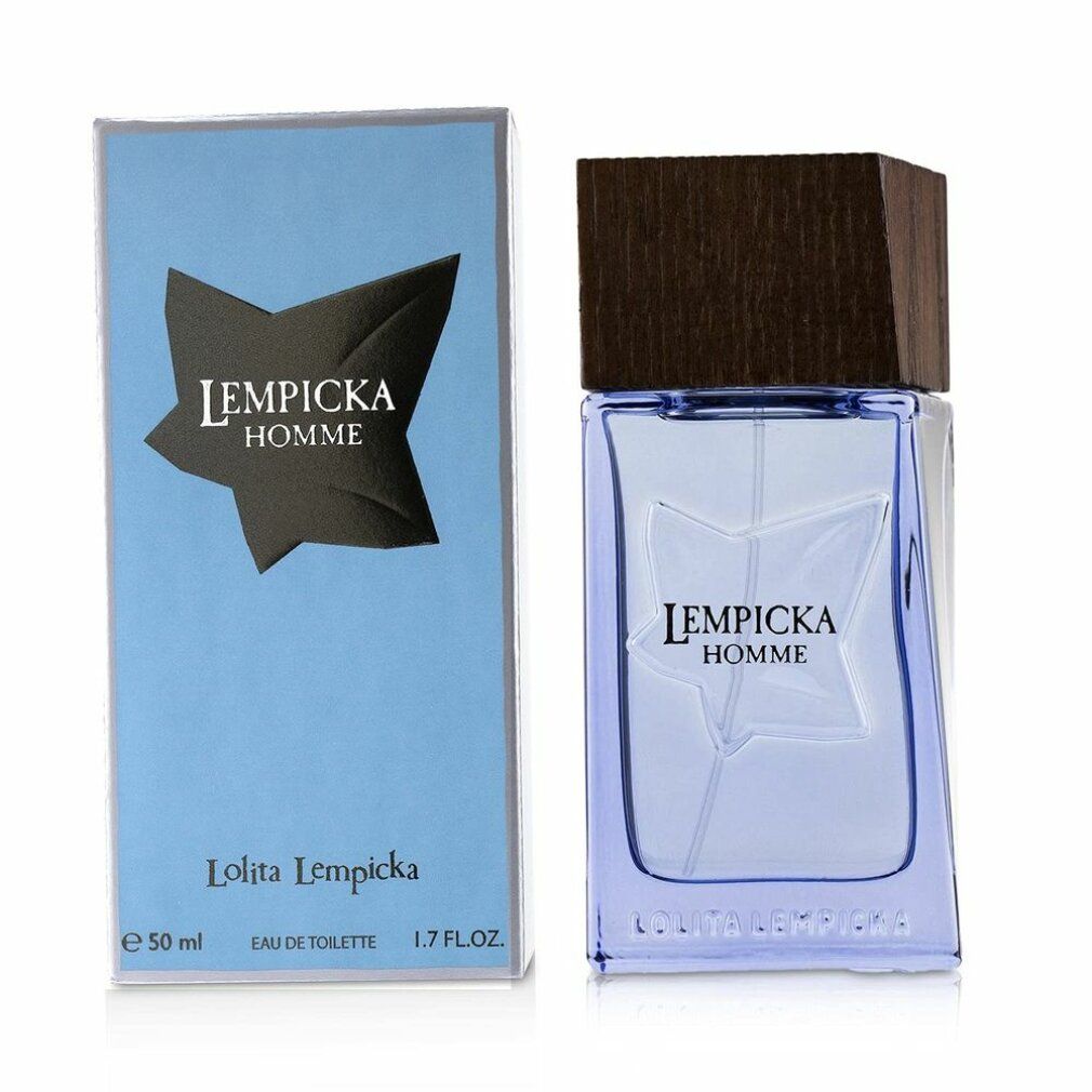 Flacone blu con tappo in legno e confezione. Scritta: Lempicka Homme. Flacone con motivo a stella. Confezione con logo e scritta.