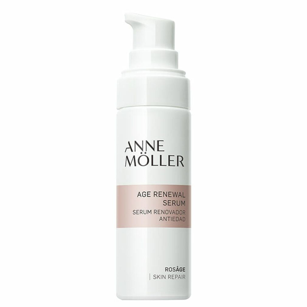 Flacone di siero bianco con dosatore. Scritta: Anne Möller, Age Renewal Serum, Rosâge Skin Repair.