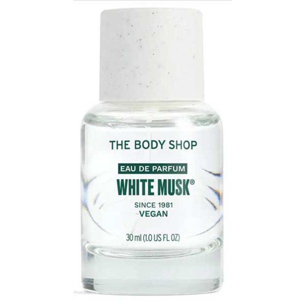 Flacone di profumo con tappo bianco. Scritta: White Musk, Vegan. Marchio: The Body Shop. 30 ml.