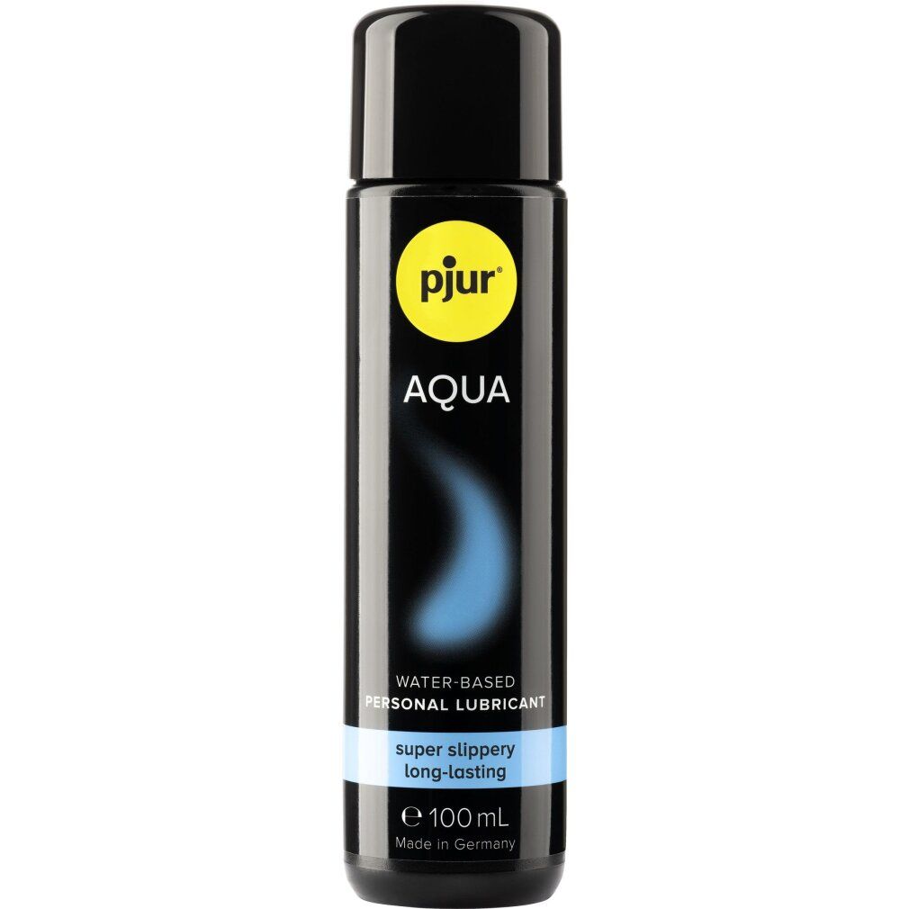 Flacone nero con tappo nero. Scritta: pjur AQUA. Contiene un lubrificante a base d'acqua. 100ml.