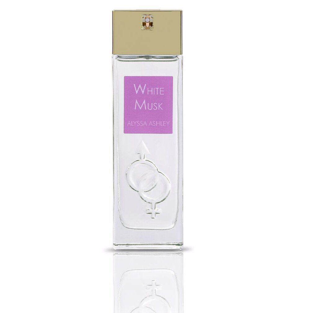 Alyssa Ashley White Musk Eau de Parfum Spray. Flacone rettangolare, tappo dorato. Etichetta viola con testo.