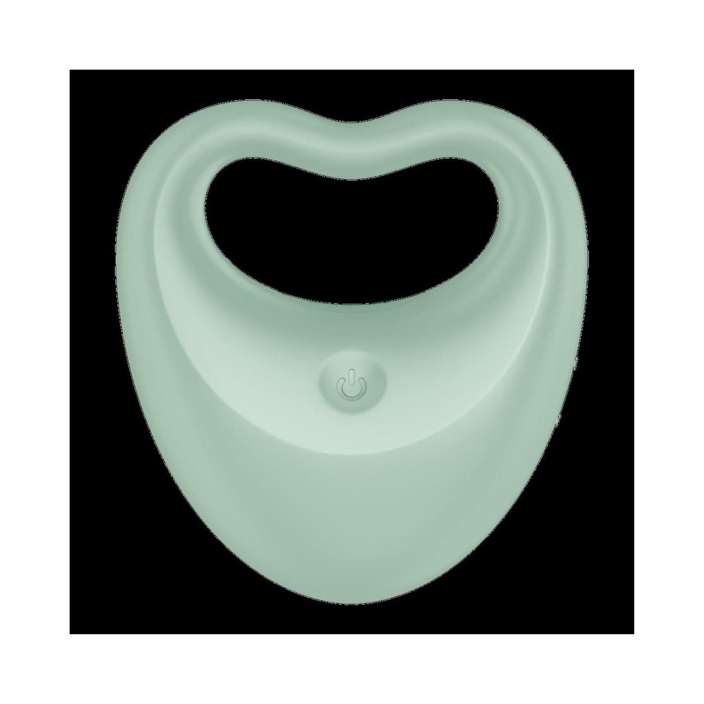 Anello per il pene color menta con vibratore per dita. Design a forma di cuore con apertura. Pulsante on/off al centro.