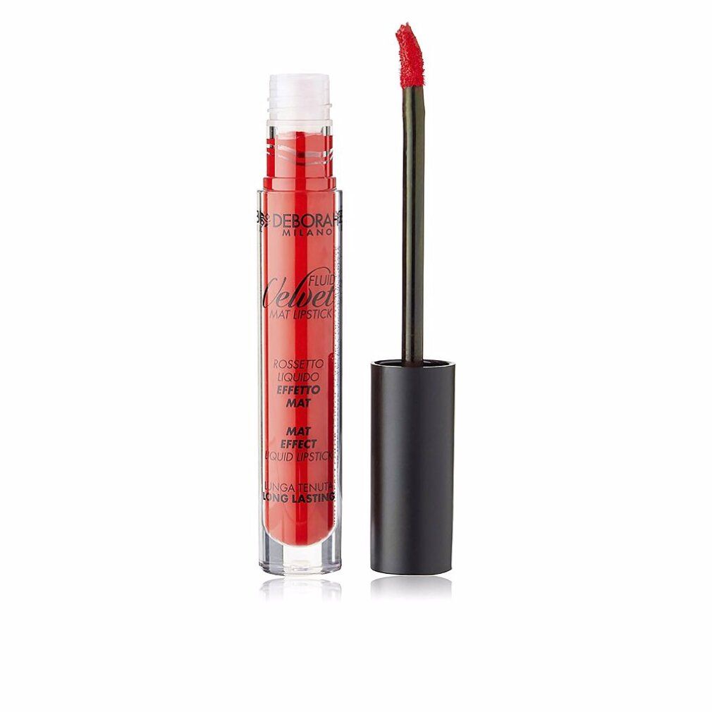 Rossetto liquido rosso con applicatore. Tappo nero, contenitore trasparente. Marchio: Deborah Milano.
