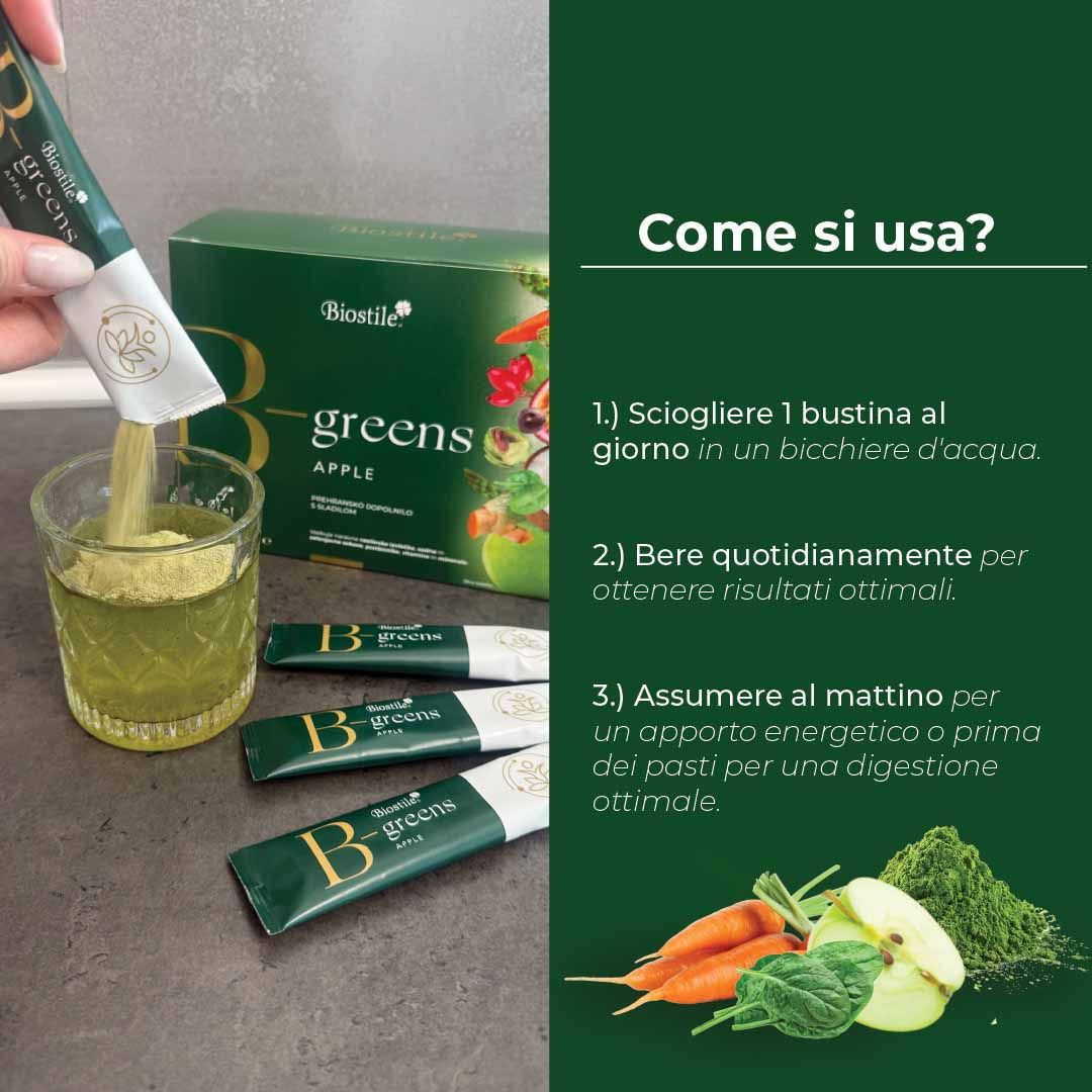 Persona versa polvere da una bustina in un bicchiere. Bustine e scatola B-Greens.