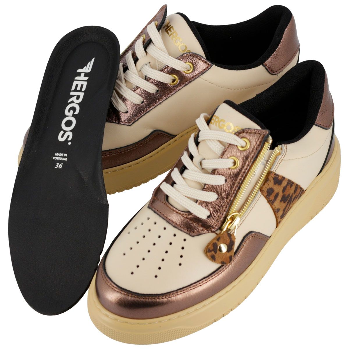 Sneakers crema con accenti leopardati, zip e dettagli color bronzo.