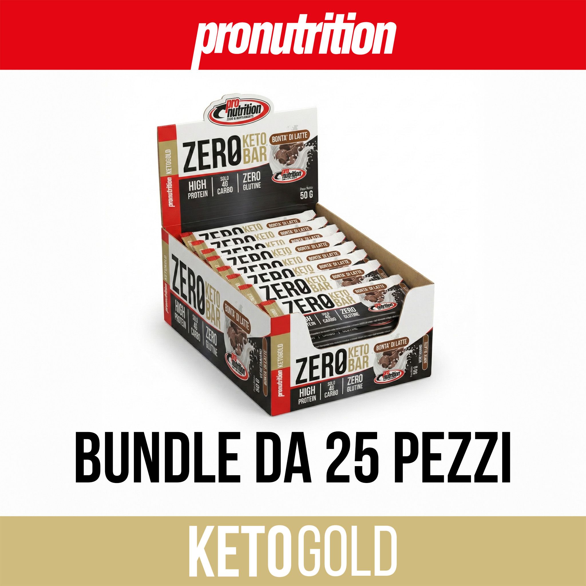 Confezione di Pronutrition Zero Keto Bar. Scritta: Bundle da 25 pezzi. Keto Gold.