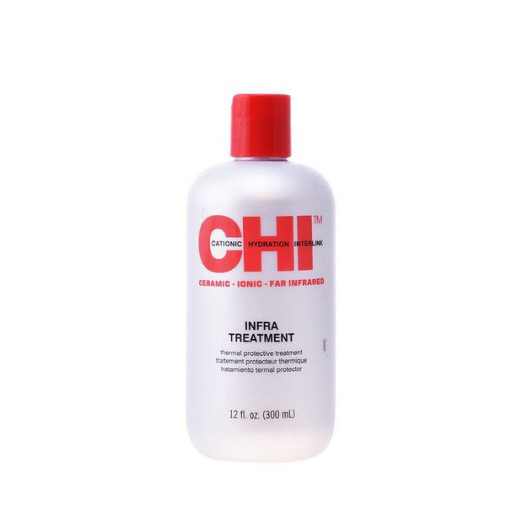 Flacone con tappo rosso. Scritta CHI, Infra Treatment. Volume: 12 fl. oz. (300 ml).