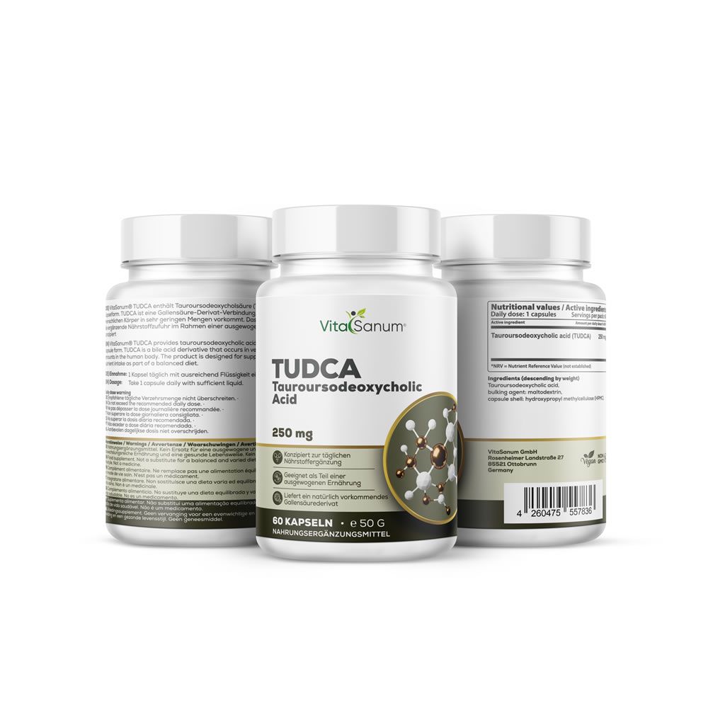 Tre flaconi bianchi VitaSanum® TUDCA. Scritta: TUDCA Tauroursodeoxycholic Acid, 250 mg, 60 capsule, integratore alimentare.