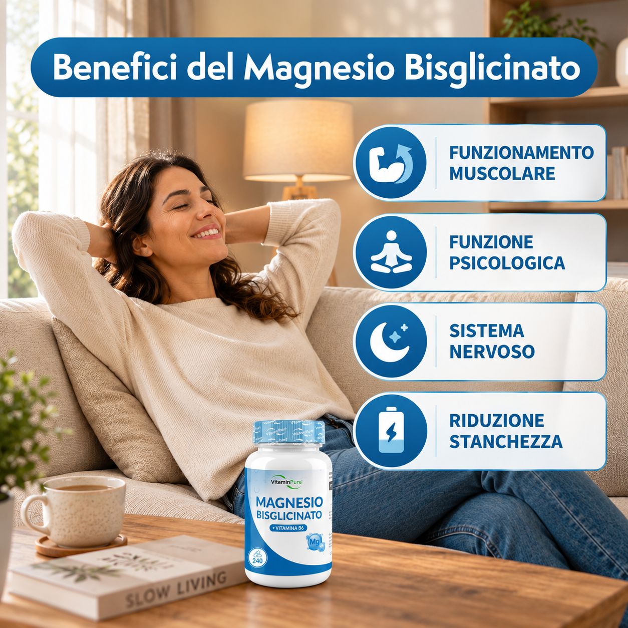 Una donna si rilassa su un divano, accanto a una bottiglia di Bisglicinato di Magnesio.