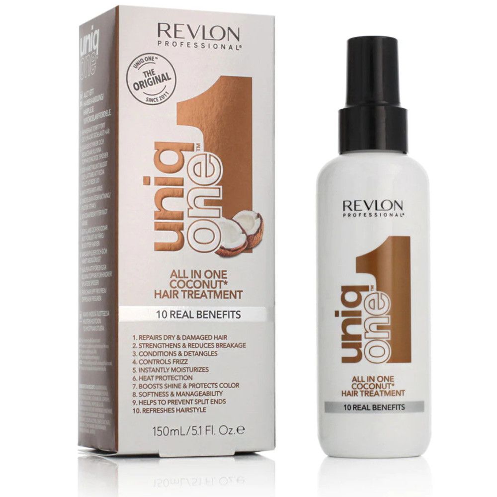 Flacone e confezione. Scritta: Revlon Uniq One Coconut Hair Treatment. 10 benefici. 150ml.