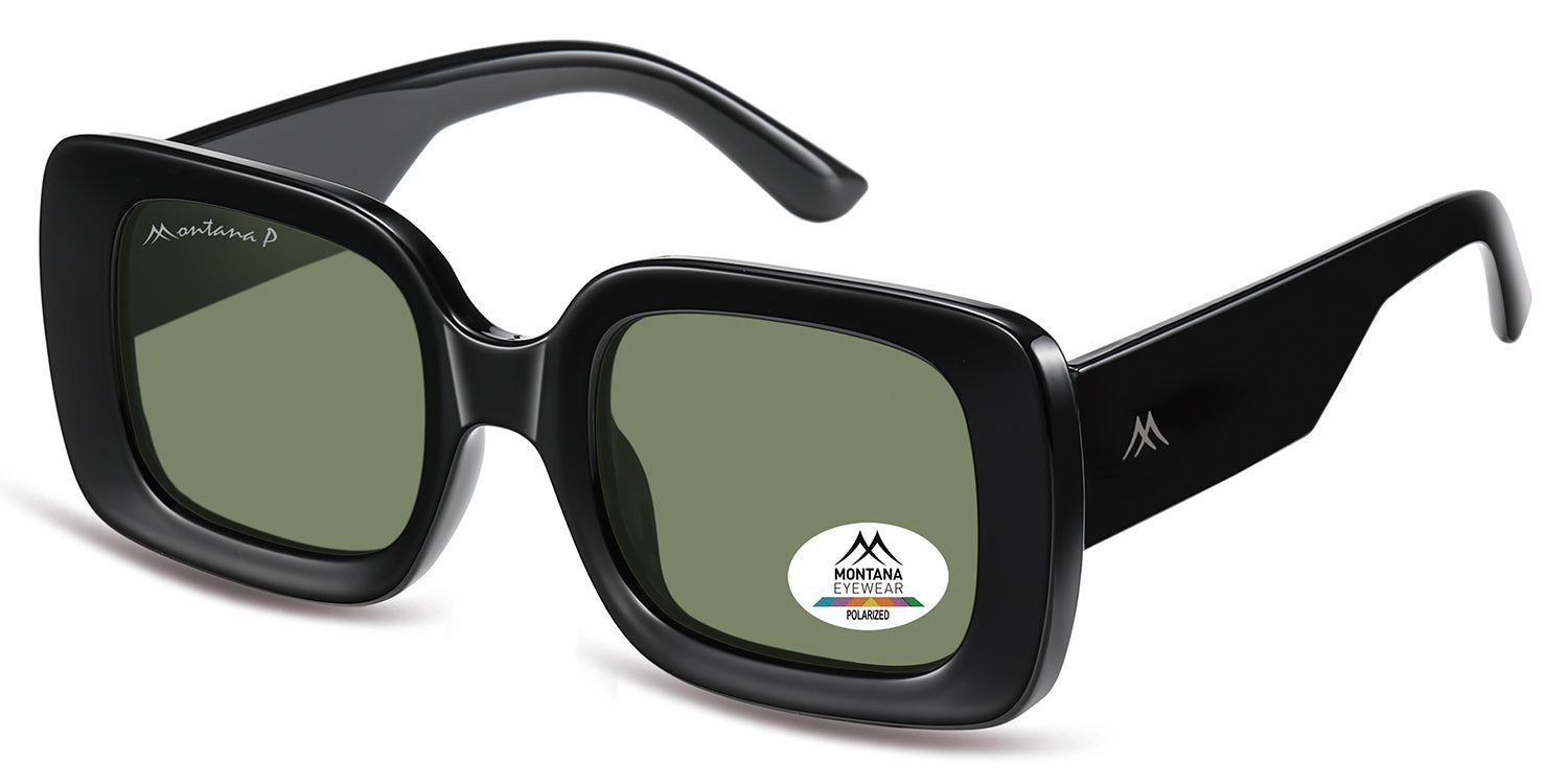 Occhiali da sole neri, vista laterale. Lenti quadrate, logo Montana Eyewear. Adesivo Polarized sulla lente.
