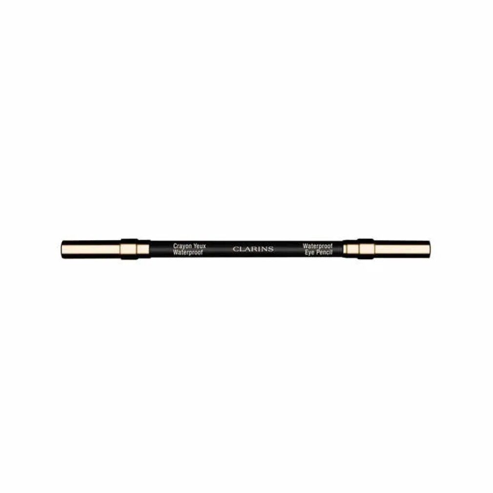 Matita occhi waterproof Clarins nera. Estremità dorate. Testo: Waterproof, Crayon Yeux Waterproof.