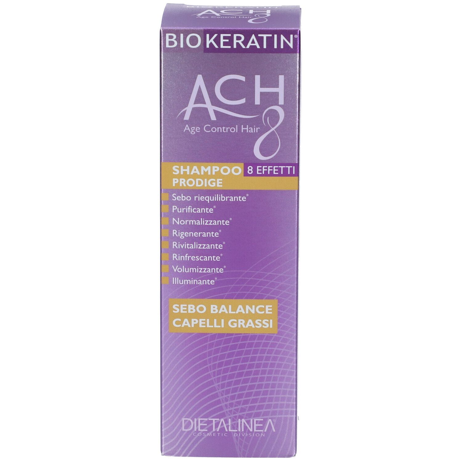 Confezione del prodotto. Scritta: ACH 8, Shampoo Prodige, Sebo Balance Capelli Grassi. Marchio: Dietalinea.