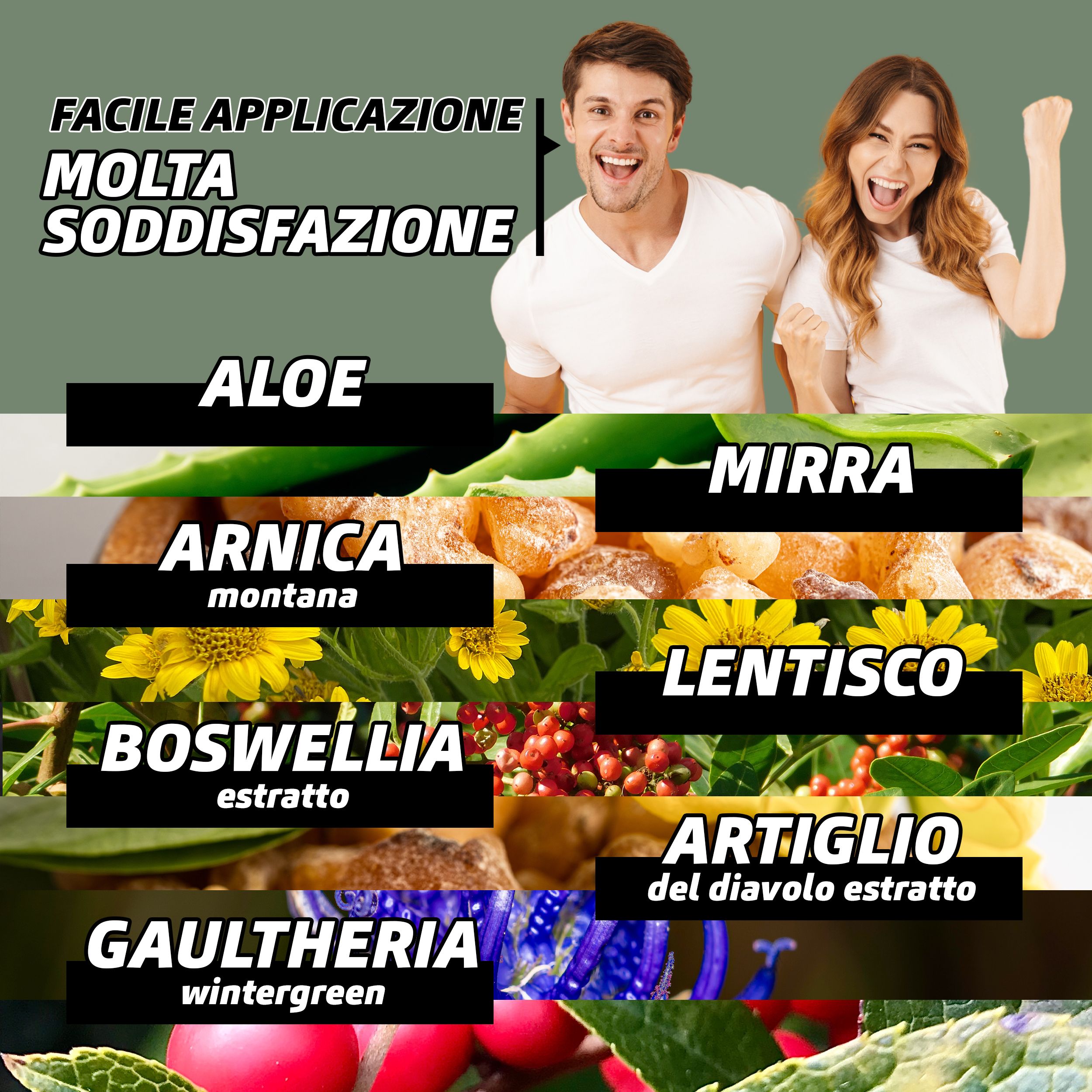 Collage con ingredienti e persone. Testo: Aloe, Mirra, Arnica montana, Lentisco, Boswellia, Artiglio del diavolo, Gaultheria.