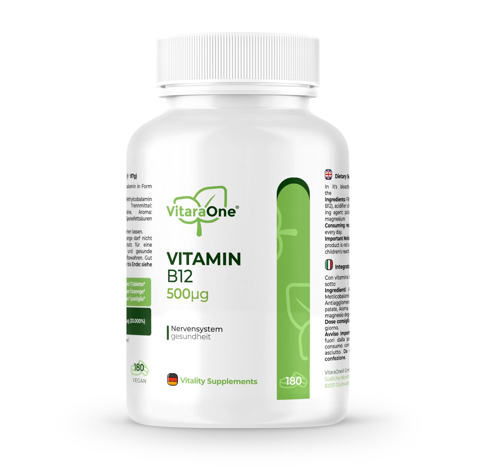 Retro di un flacone bianco. Contiene vitamina B12. Testo in tedesco e italiano. 180 pastiglie. Vegano.