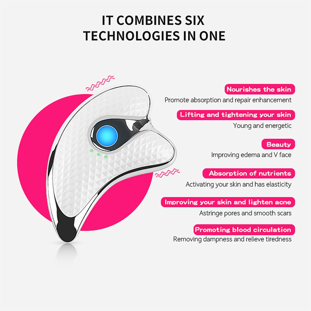 Dispositivo per massaggio Gua Sha con testo. Mostra sei tecnologie. Argento, ergonomico. Testo: IT COMBINES SIX TECHNOLOGIES IN ONE.