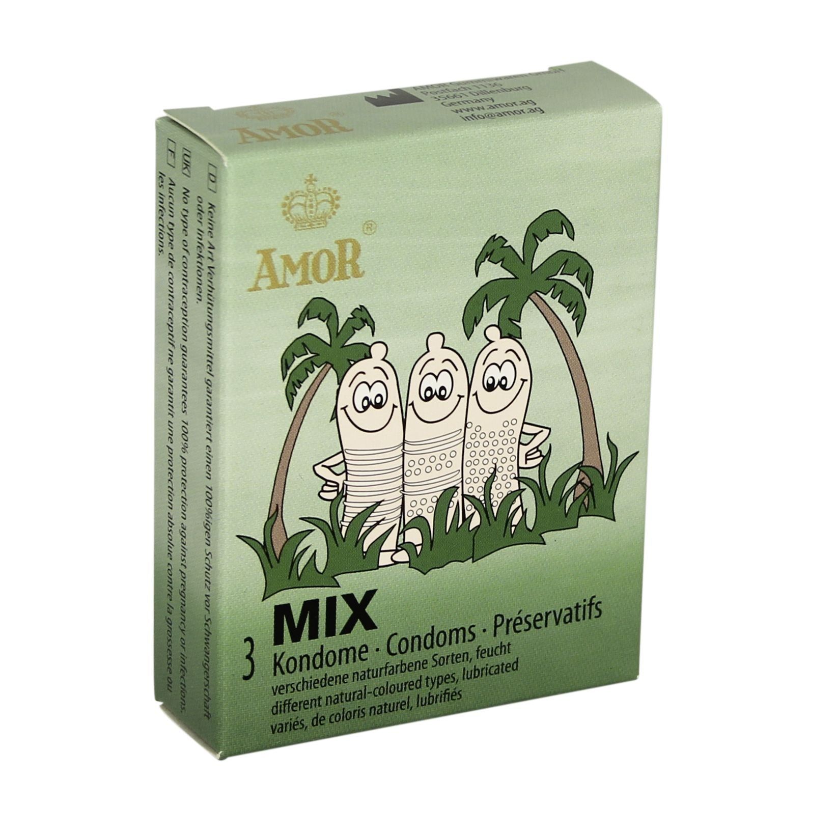 Scatola verde di preservativi AMOR MIX. Contiene 3 preservativi di tipi diversi. Illustrazione di tre preservativi sotto palme.