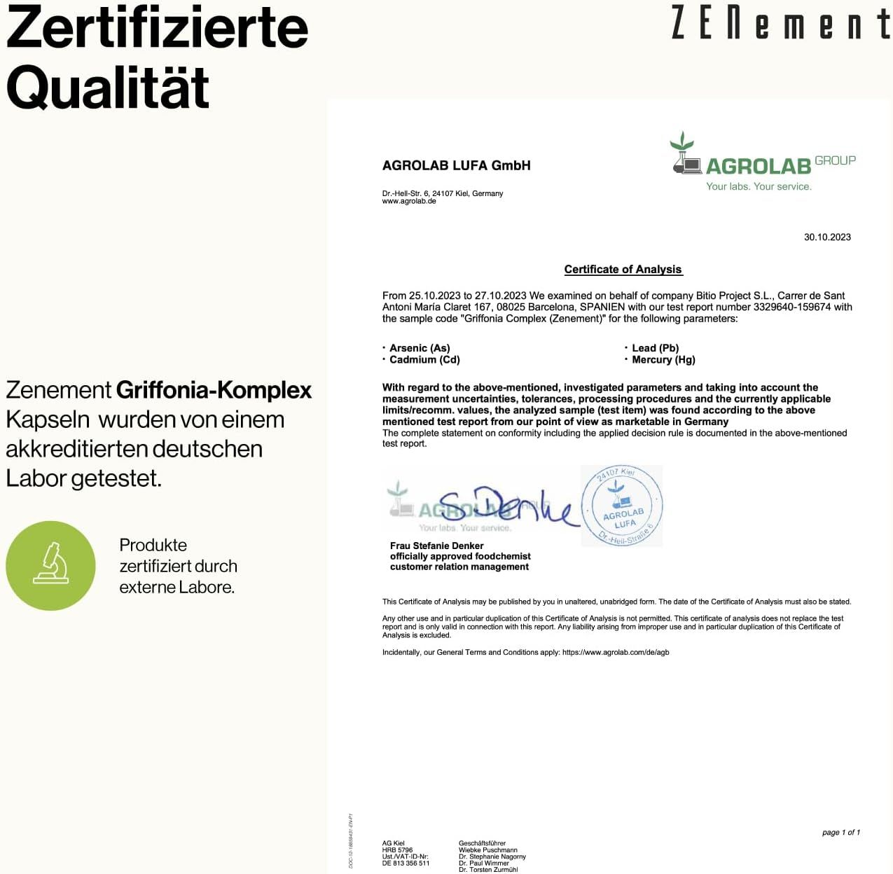 Certificato di Agrolab LUFA GmbH. Conferma la qualità delle capsule Zenement Griffonia-Komplex. Laboratorio tedesco accreditato.