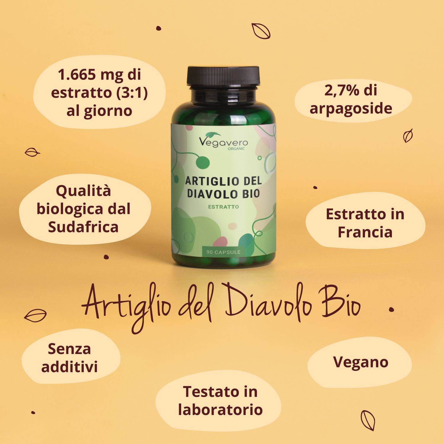 Bottiglia: Artiglio del Diavolo BIO Extrakt. Info: 1.665 mg estratto, 2,7% arpagoside, vegano, senza additivi.