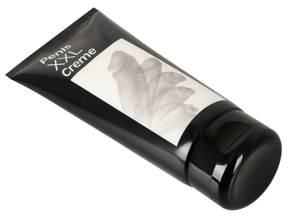 Tubo nero con etichetta bianca. Scritta: Penis XXL Creme. Illustrazione di un pene. Vista obliqua.