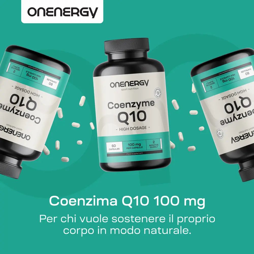 Tre flaconi di capsule. Scritta: OnEnergy, Coenzima Q10, 100 mg. 60 capsule. Testo: Per il corpo.