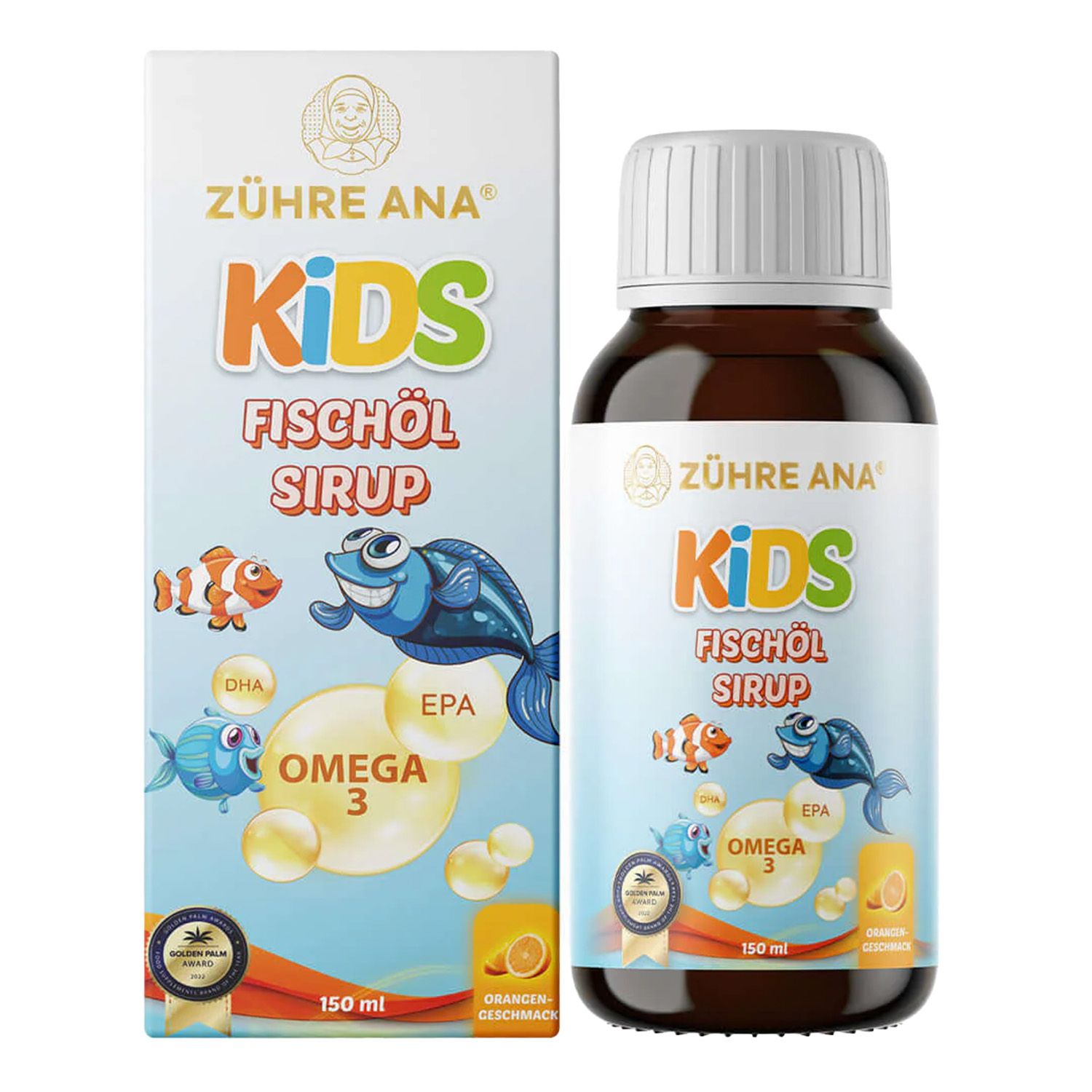 Flacone e scatola di sciroppo di olio di pesce Zühre Ana Kids, 150 ml, con motivi di pesci e indicazione Omega-3.