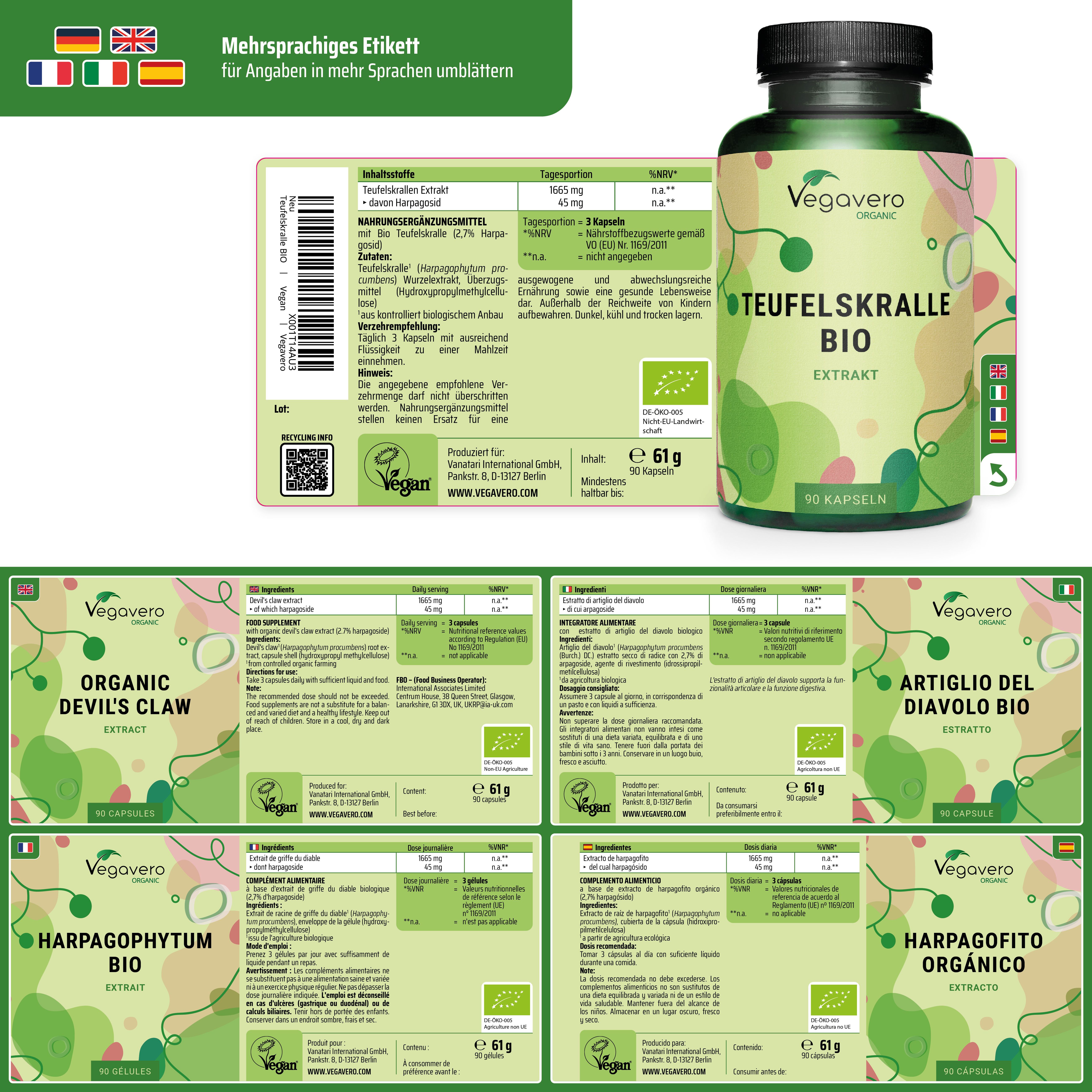 Etichetta prodotto multilingue. Bottiglia: Teufelskralle BIO Extrakt. Sigillo vegano. Certificazione Bio.