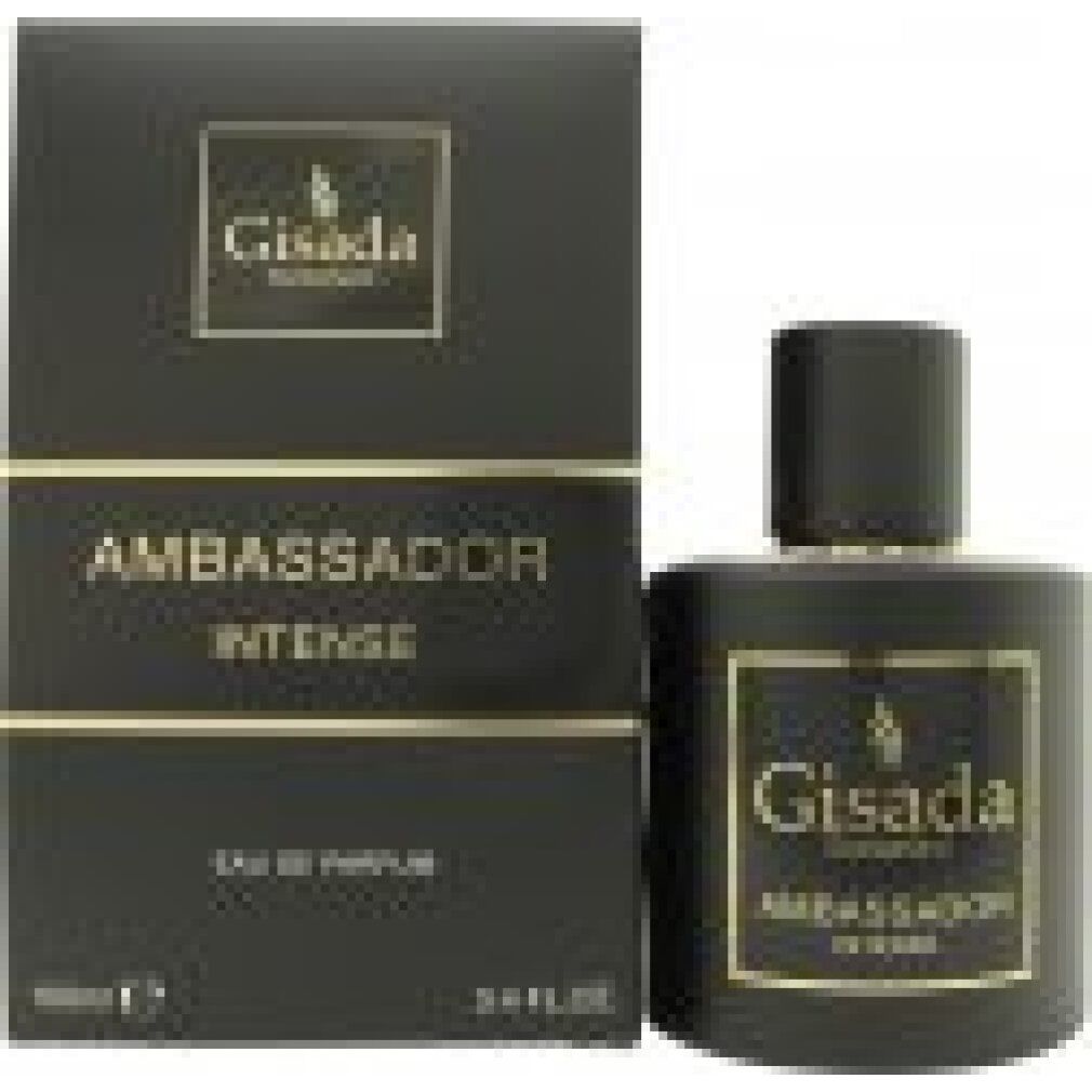 Scatola e flacone neri. Scritta: Gisada, Ambassador Intense. Flacone accanto. 100ml.