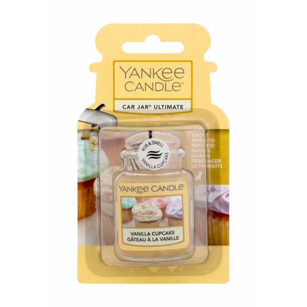 Yankee Candle Car Jar Ultimate, Vanilla Cupcake. Barattolo giallo con gancio. Scritta: Vanilla Cupcake, Gâteau à la Vanille.