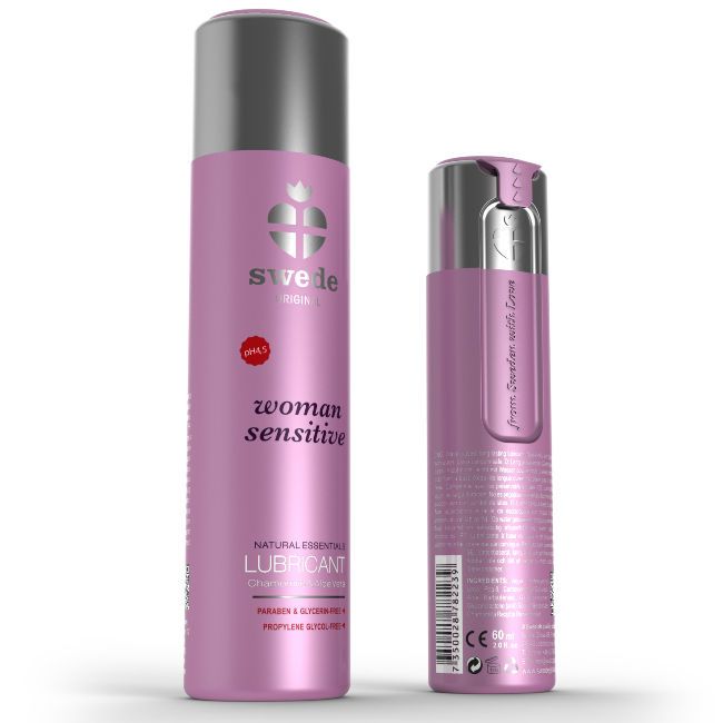 Due flaconi Swede Original Lubricant Woman Sensitive, uno aperto.