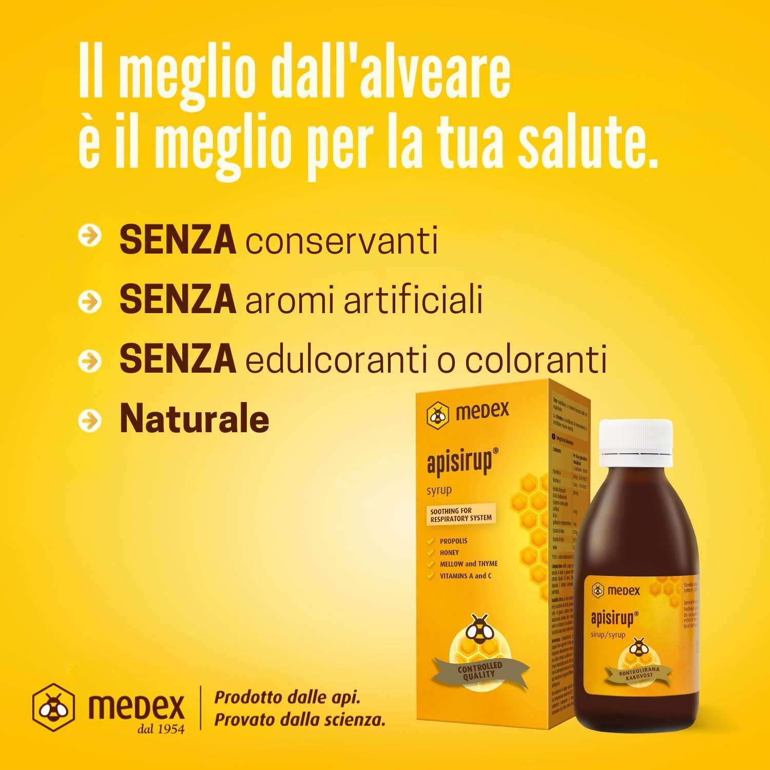 Bottiglia e scatola Medex Apisirup. Sulla scatola: senza conservanti, aromi artificiali, dolcificanti o coloranti.