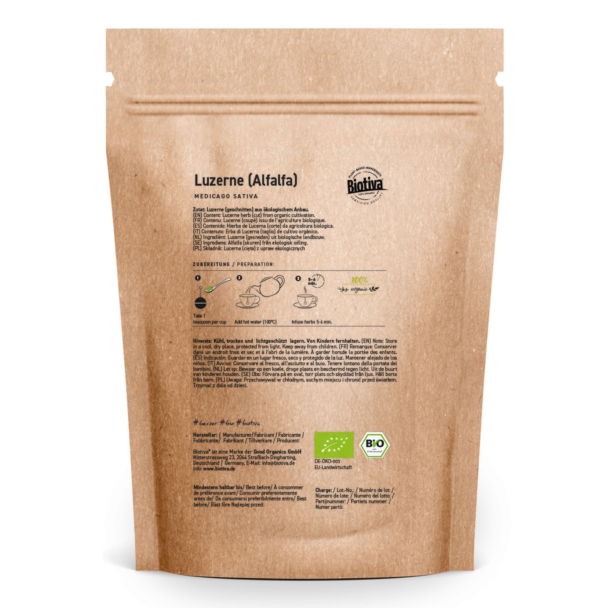 Confezione in carta marrone con "Luzerne (Alfalfa)" e logo "Biotiva". Sigillo biologico e istruzioni. Testo in tedesco.