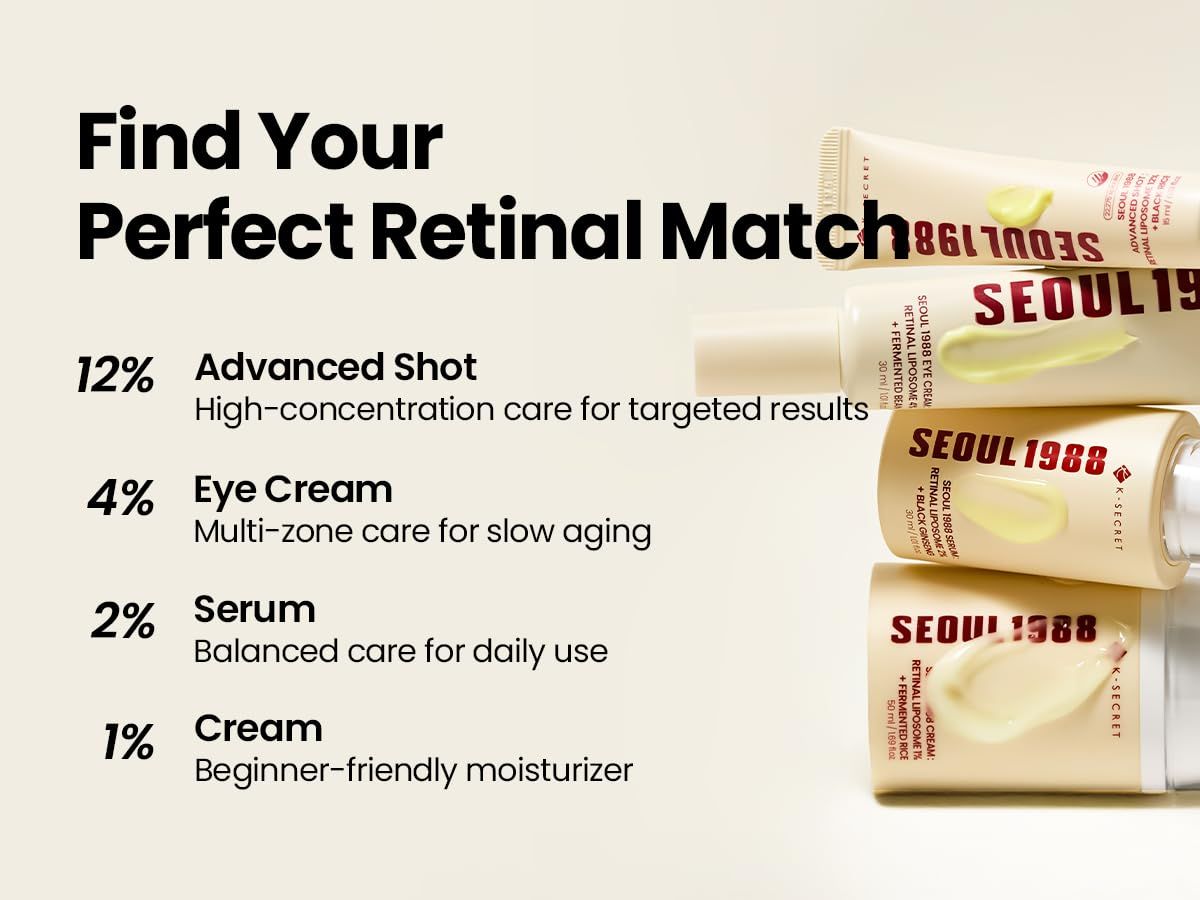 Quattro tubetti di siero. Tubetti beige con scritta rossa: SEOUL 1988. Testo: Retinal Liposome 2%, Eye Cream 4%, Advanced Shot 12%, Cream 1%.