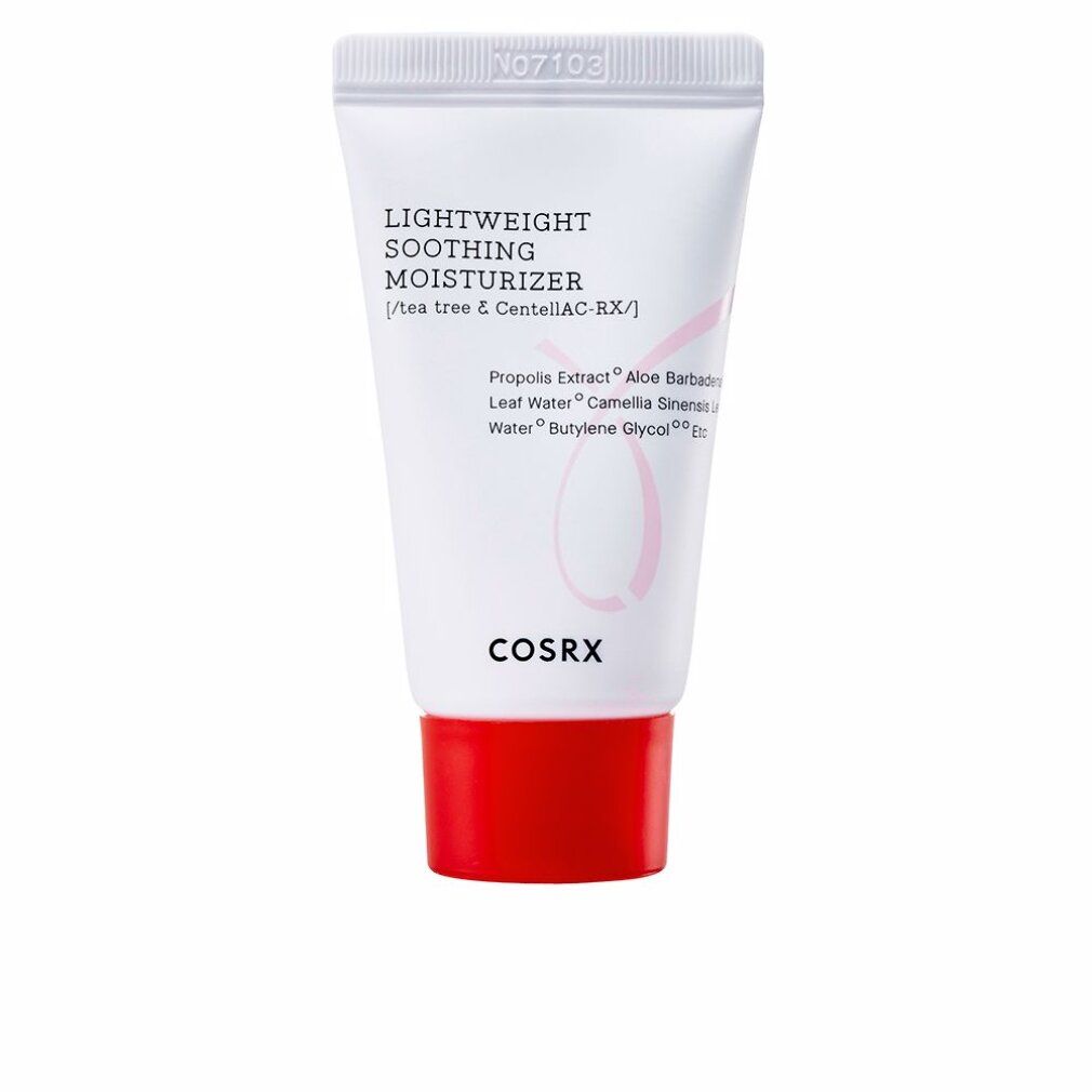 Piccolo tubo bianco con tappo rosso. Scritta: Lightweight Soothing Moisturizer. Marchio: COSRX. Ingredienti elencati.