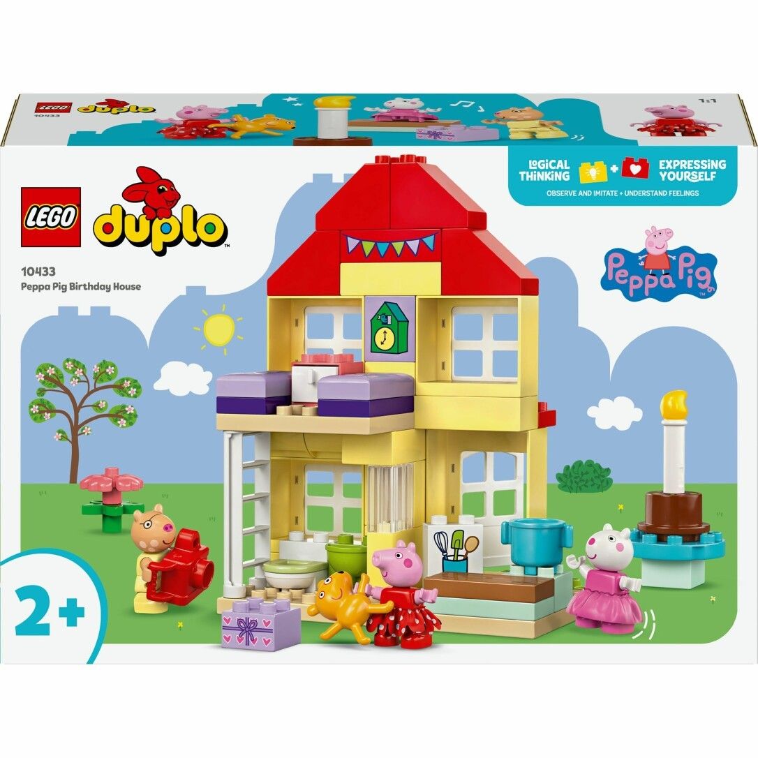 LEGO Duplo La casa del compleanno di Peppa Pig. Casa gialla, tetto rosso, personaggi, accessori. Scatola con logo ed età consigliata.