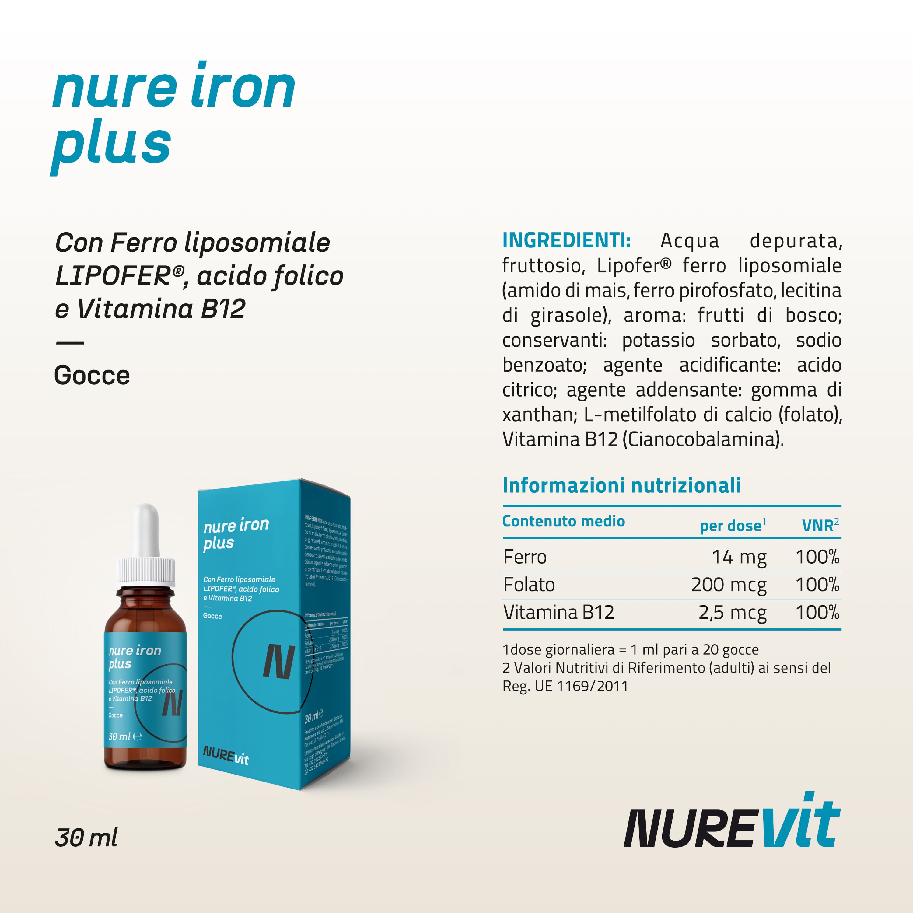NURE Iron Plus Gocce Orali 30 ml | Integratore ferro, gocce per anemia e stanchezza