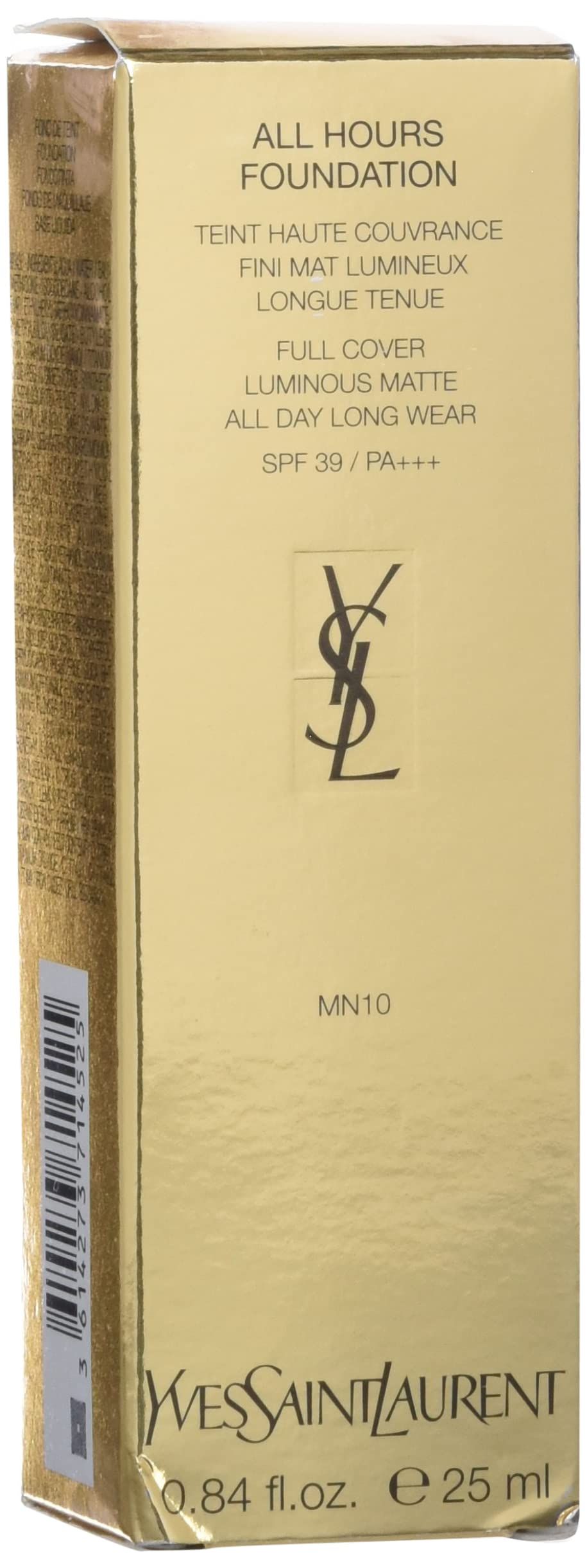Confezione di Yves Saint Laurent Fondotinta per Tutte le Ore MN10. Dorata, con nome del prodotto e logo.