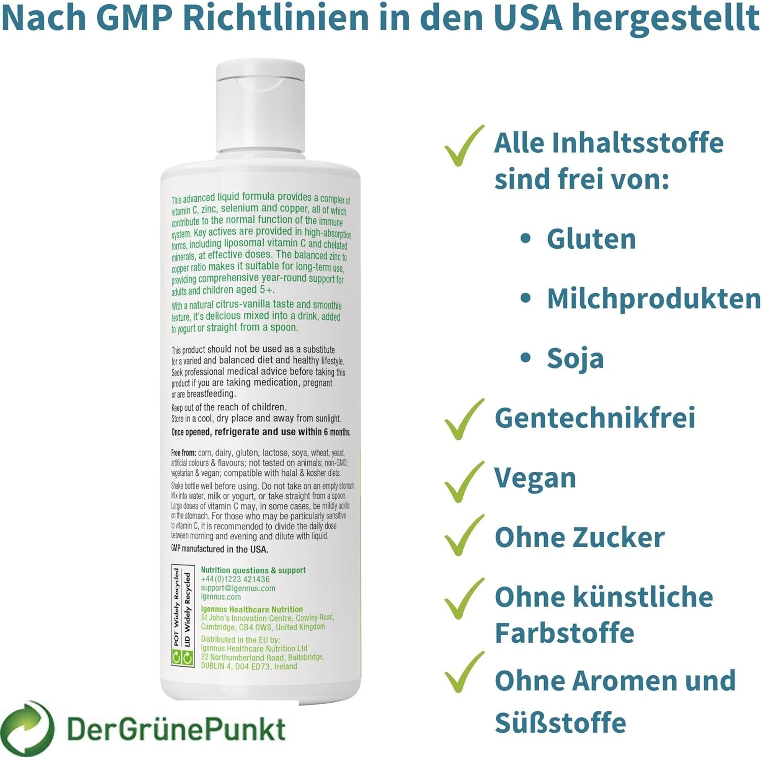 Retro del flacone. Testo: Prodotto secondo le linee guida GMP negli Stati Uniti. Ingredienti: Senza glutine, senza latticini, senza soia, vegano, senza zucchero, senza coloranti artificiali.