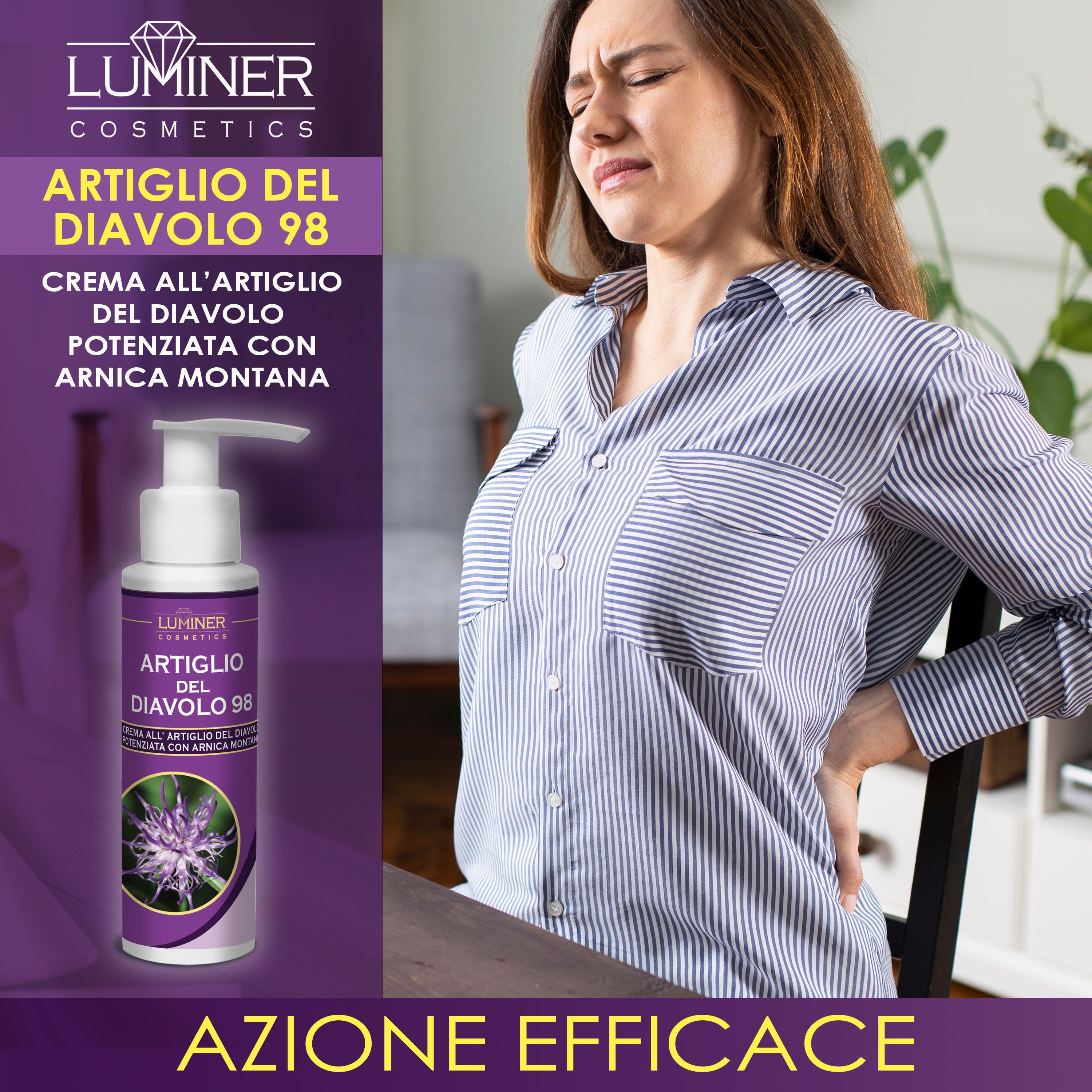Donna con dolore alla schiena, accanto alla crema LUMINER Artiglio del Diavolo 98.