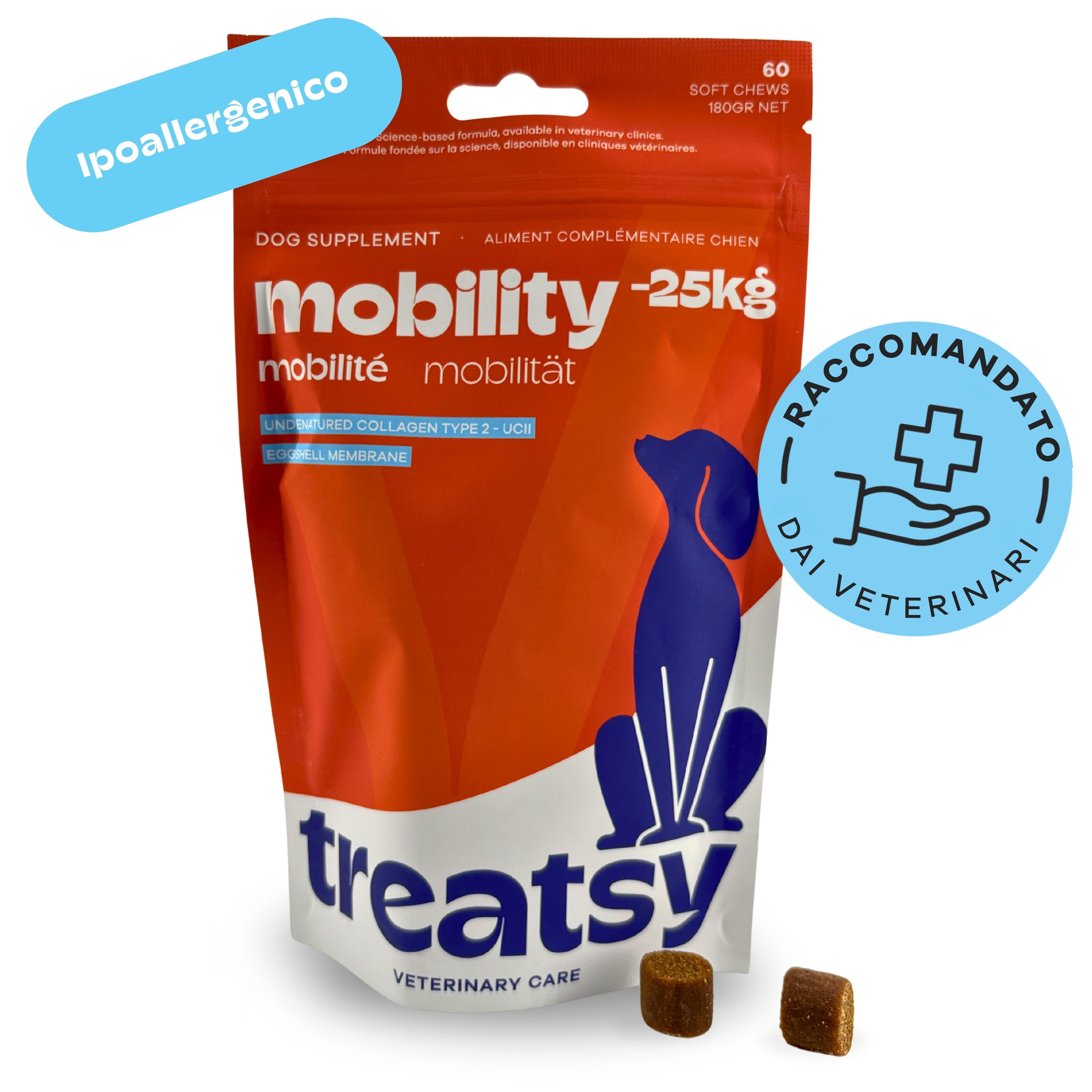 Busta rossa con "mobility" e "Treatsy". Due compresse. Adesivi: ipoallergenico, raccomandato.