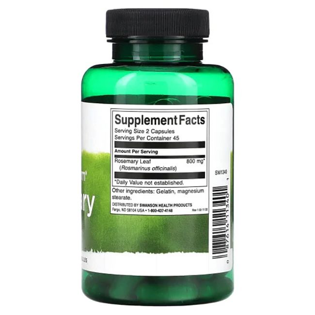 Retro di un flacone verde con tappo nero. Scritta: Supplement Facts, foglia di rosmarino, 800 mg.