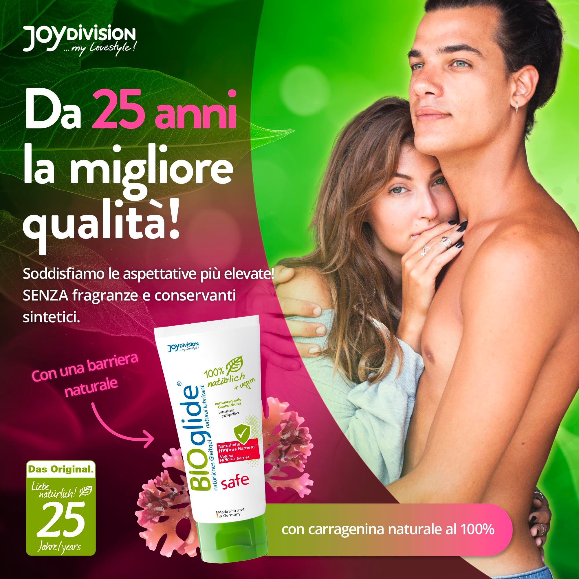 Tubo bianco con tappo a vite verde. Logo BIOglide, '100% naturale + vegan', 'safe Carrageen'.