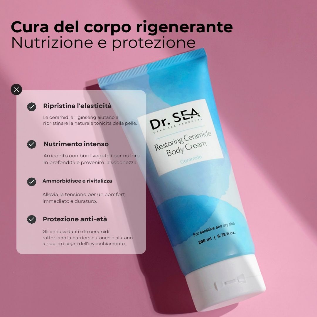 Tubo di crema con testo. Scritta: Dr. SEA, Restoring Ceramide Body Cream. Testo su sfondo rosa. Vantaggi del prodotto.