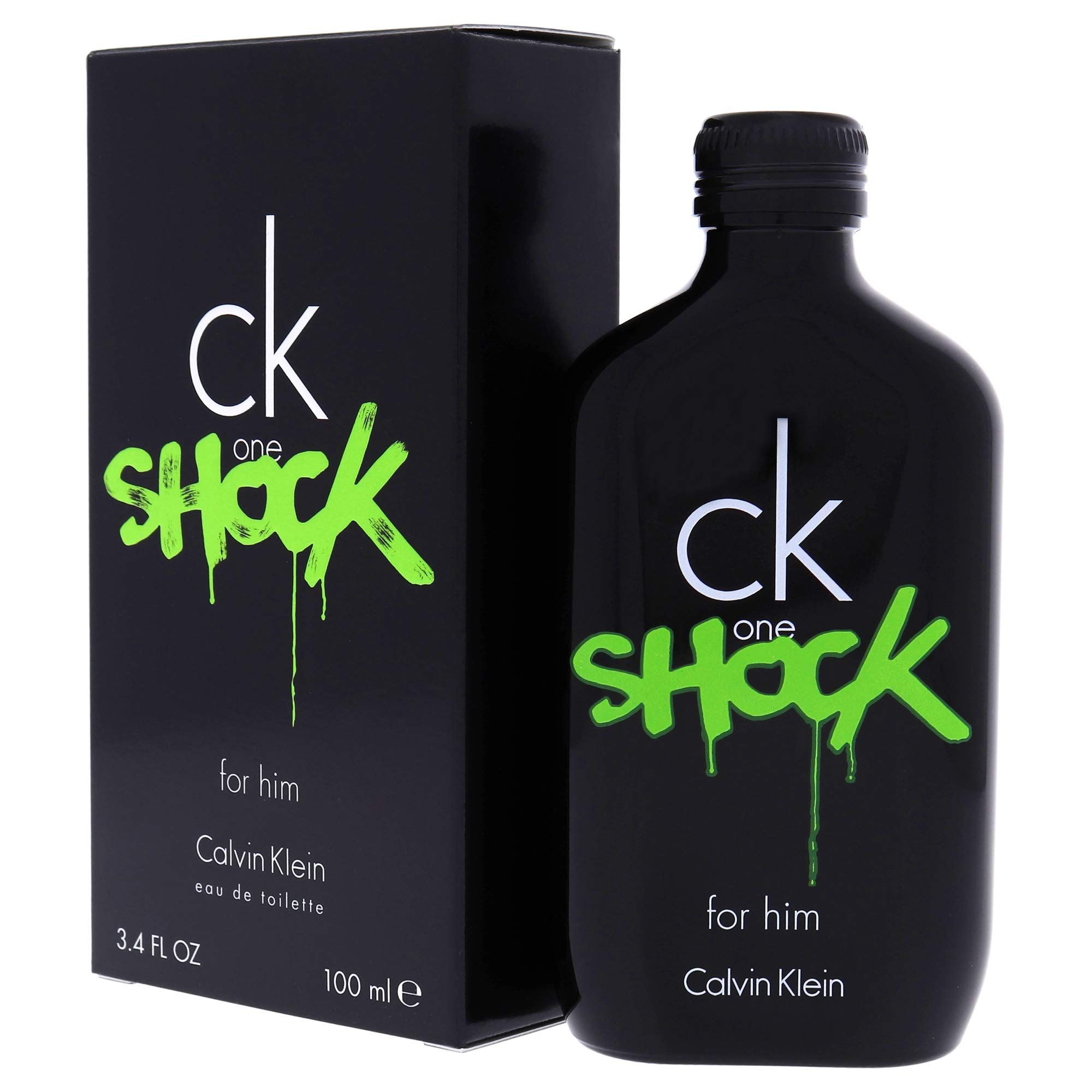 Flacone e confezione neri con scritta bianca e verde. Scritta: ck one SHOCK for him Calvin Klein.